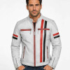 Men's White Leather Cafe Racer Jacket with Red & Black Racing Stripes