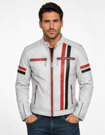 Men's White Leather Cafe Racer Jacket with Red & Black Racing Stripes