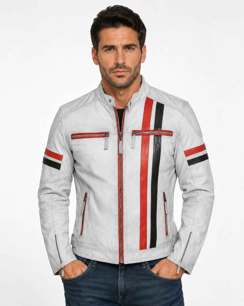 Men's White Leather Cafe Racer Jacket with Red & Black Racing Stripes