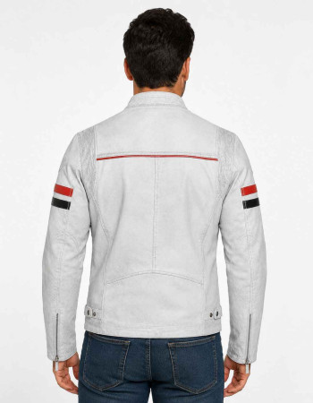 Men's White Leather Cafe Racer Jacket with Red & Black Racing Stripes