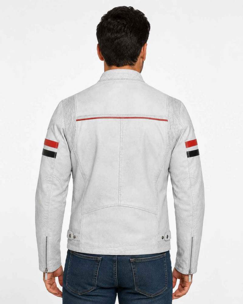 Men's White Leather Cafe Racer Jacket with Red & Black Racing Stripes