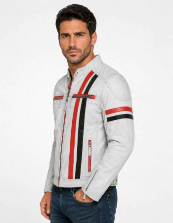 Men's White Leather Cafe Racer Jacket with Red & Black Racing Stripes