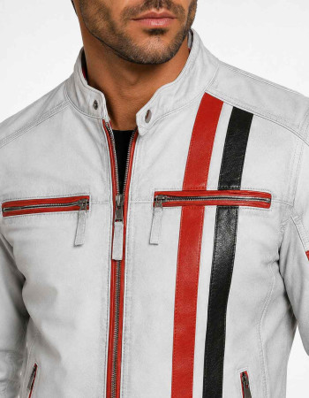 Men's White Leather Cafe Racer Jacket with Red & Black Racing Stripes