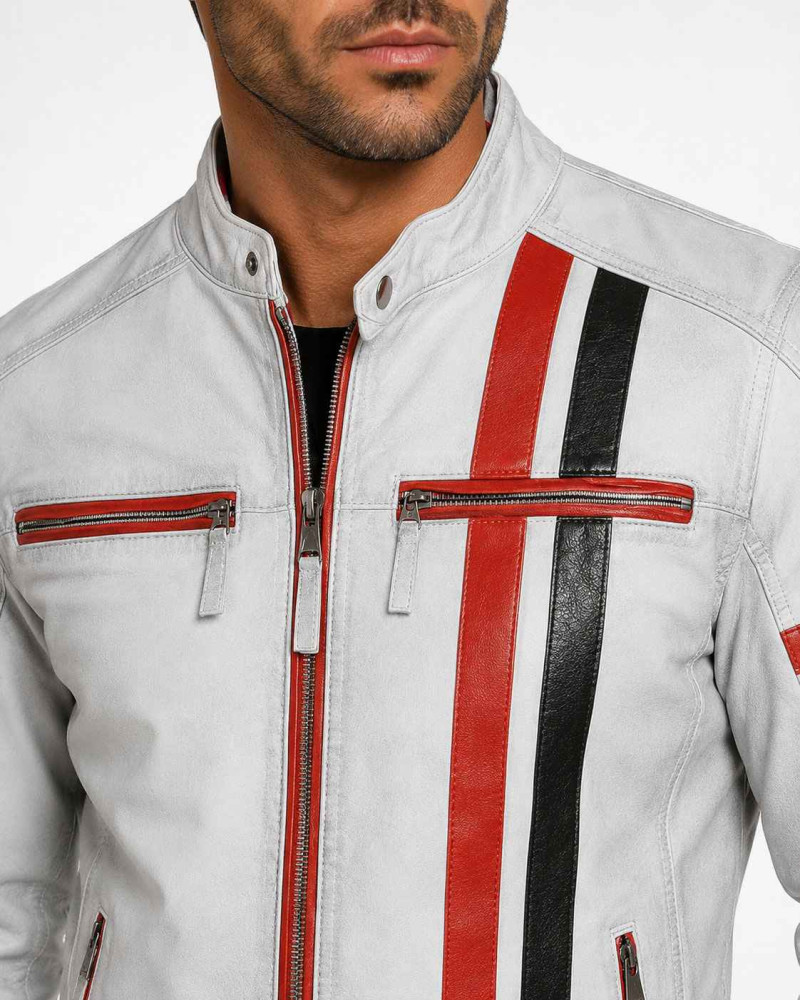 Men's White Leather Cafe Racer Jacket with Red & Black Racing Stripes