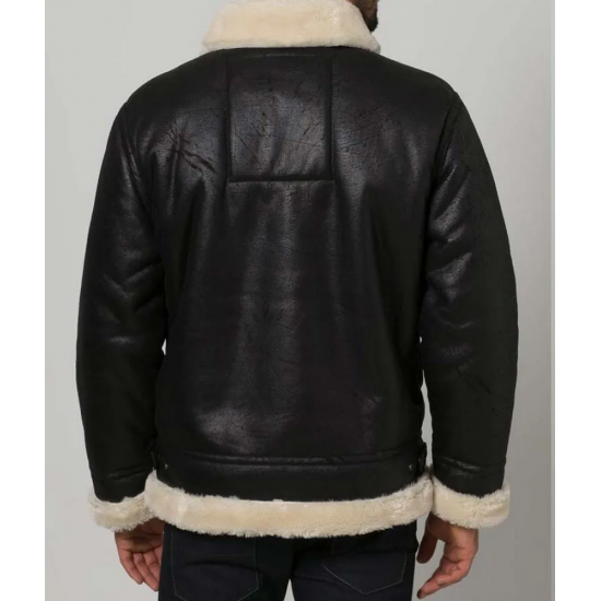 Mens Black Aviator Faux Shearling Leather Jacket