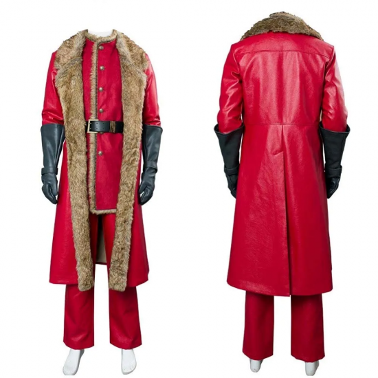 Mens Christmas Movie Santa Claus Cosplay Costume Outfit Red Leather Coat