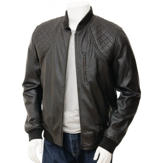 Mens Classic Quilted Panel Leather Bomber Jacket