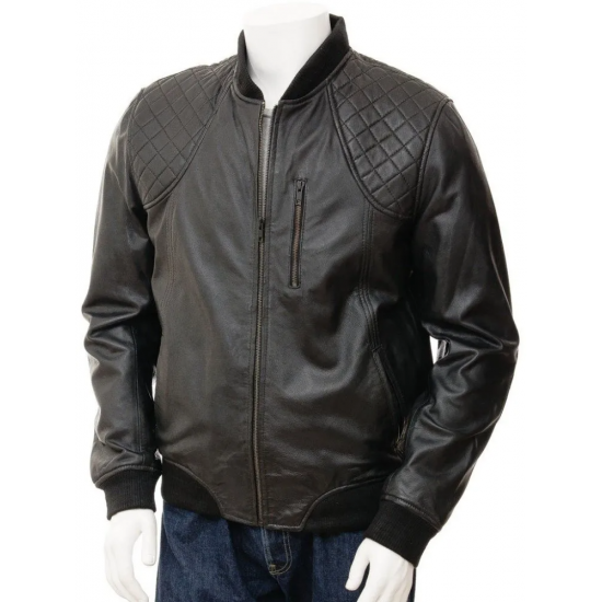 Mens Classic Quilted Panel Leather Bomber Jacket