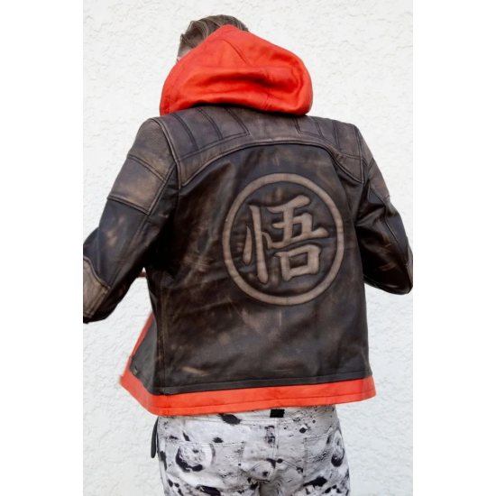 Mens Goku Orange Hood Brown Leather Jacket