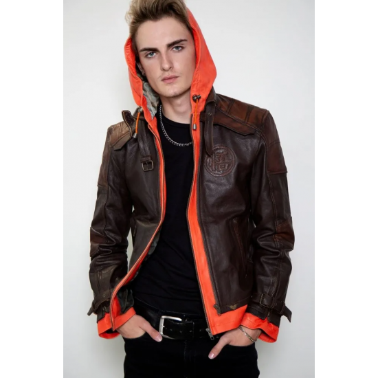 Mens Goku Orange Hood Brown Leather Jacket