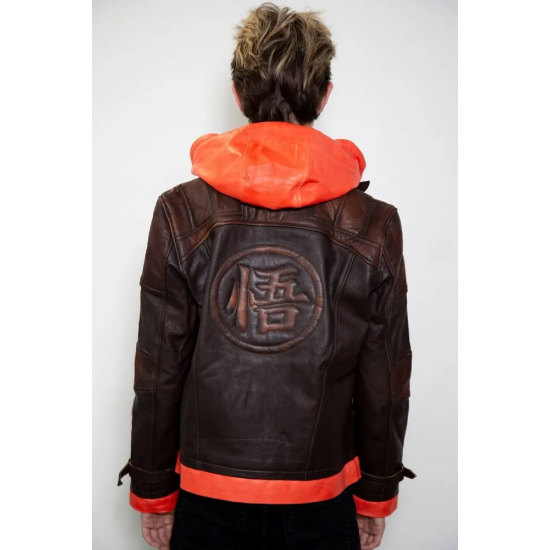 Mens Goku Orange Hood Brown Leather Jacket