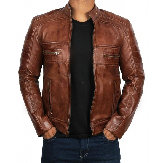 Mens Light Brown Genuine Lambskin Motorcycle Leather Jacket