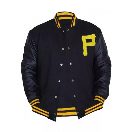 Mens Pittsburgh Pirates P Logo Baseball Majestic Varsity Black Letterman Bomber Jacket