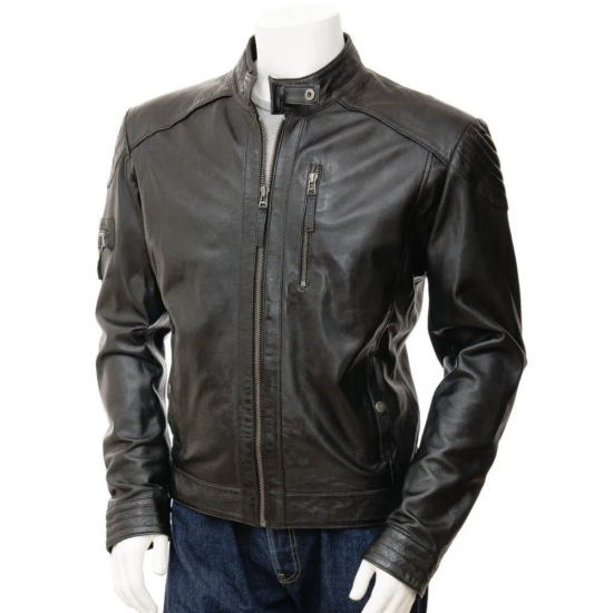 Mens Slim Stylish Cafe Racer Real Leather Biker Jacket