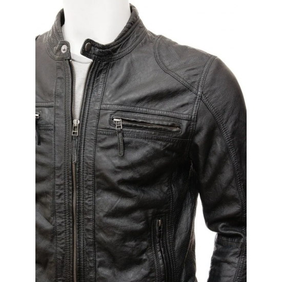 Mens Stunning Four Zipped Pockets Real Leather Biker Jacket