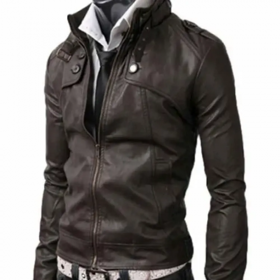 Men’s Belted Buckle Collar Slim Fit Dark Brown Jacket