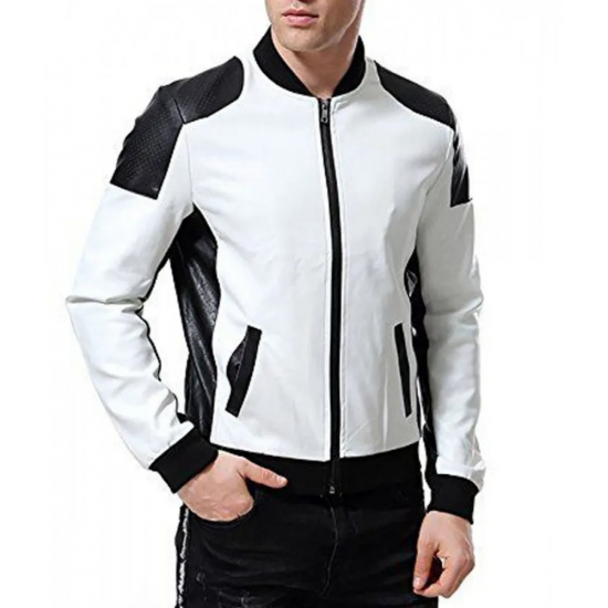 Men’s Black and White Leather Biker Bomber Jacket