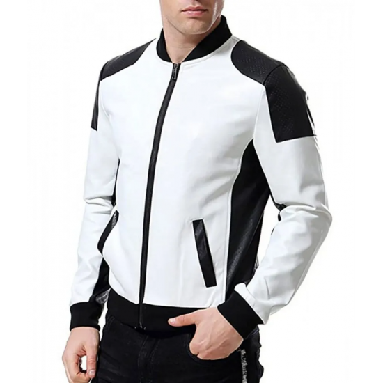 Men’s Black and White Leather Biker Bomber Jacket