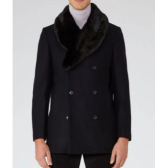 Men’s Blue Peacoat with Faux Fur Trimmed