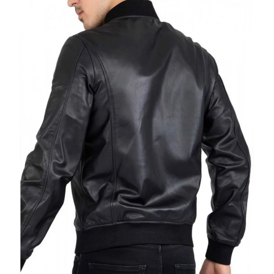 Men’s Casual Bomber Real Black Leather Jacket