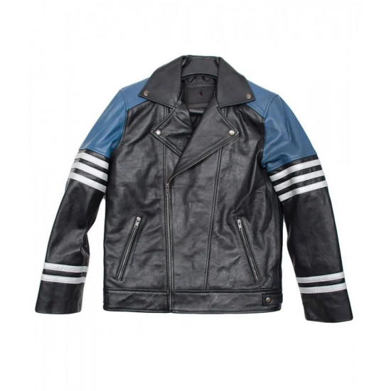 Men’s Classic Black and Blue Striped Leather Biker Jacket