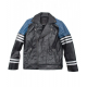 Men’s Classic Black and Blue Striped Leather Biker Jacket