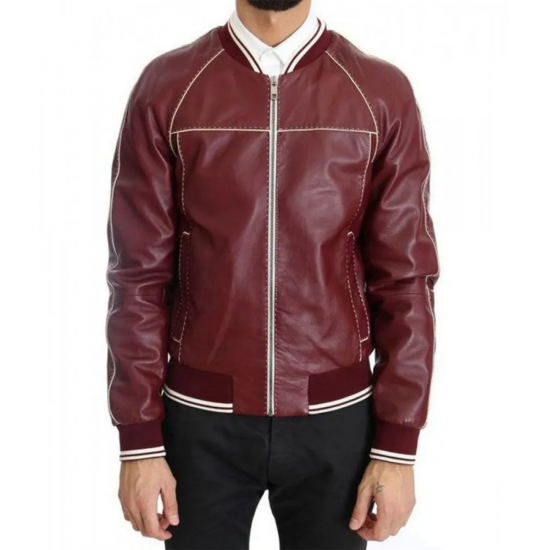 Men’s Stitched Bomber Maroon Leather Jacket