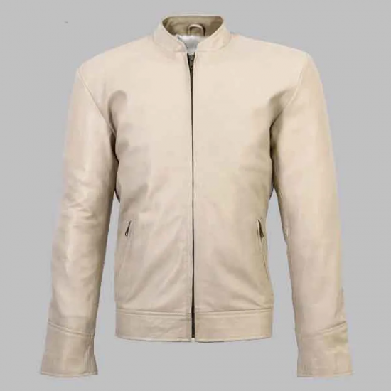 New Men's Baltoro Beige Sheepskin Cafe Racer Jacket