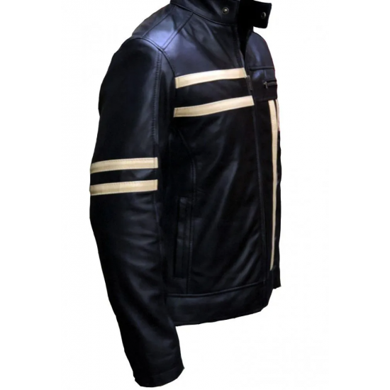 New Mens Cruise Cafe Racer Stripe Biker Leather Jacket