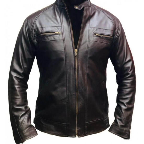 New Mens Quilted Cafe Racer Biker Leather Jacket