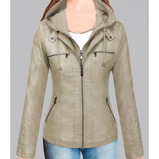 New Women's Removable Hoodie Leather Jacket