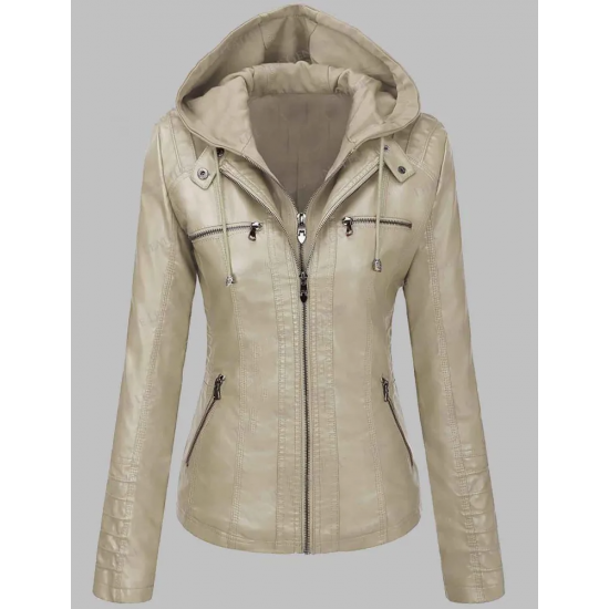 New Women's Removable Hoodie Leather Jacket