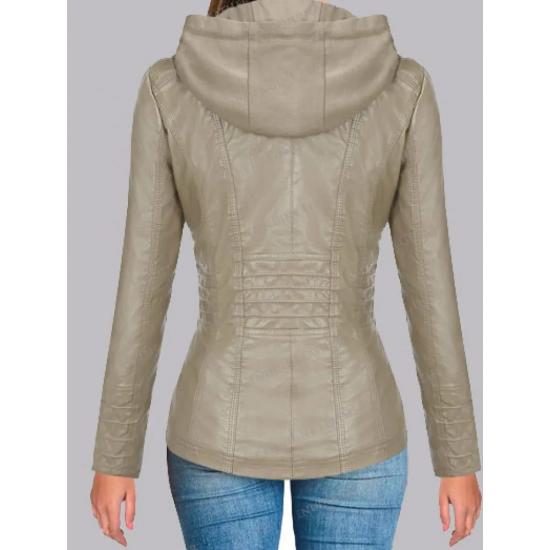 New Women's Removable Hoodie Leather Jacket