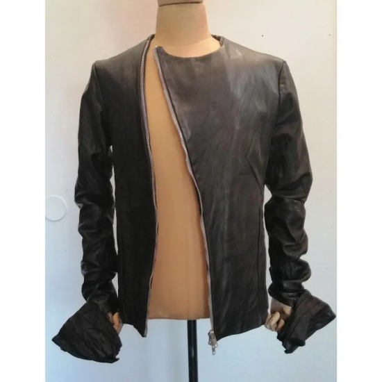 Obscur Men's Black Leather Jacket with Fingerless Gloves