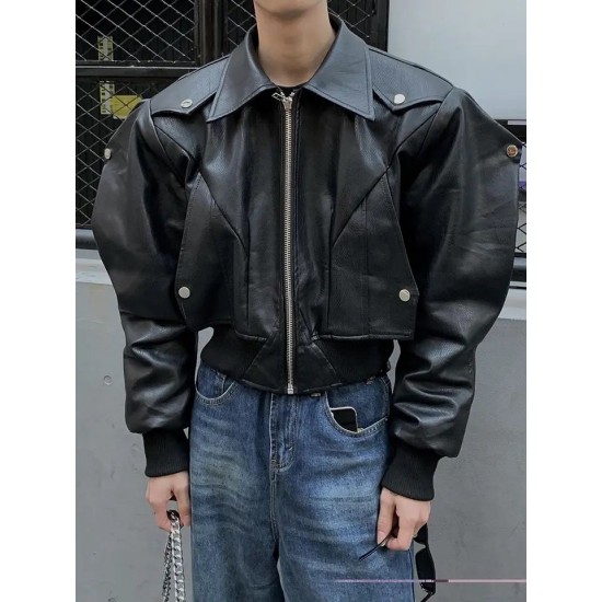 PU Black Leather Jacket Coat Streetwear Zipper