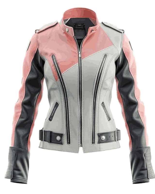 Women's Peach Pink & Black Color Block Leather Moto Biker Jacket Women's Peach Pink & Black Color Block Leather Moto Biker Jacket