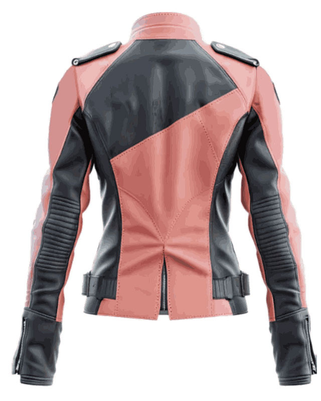 Women's Peach Pink & Black Color Block Leather Moto Biker Jacket Women's Peach Pink & Black Color Block Leather Moto Biker Jacket