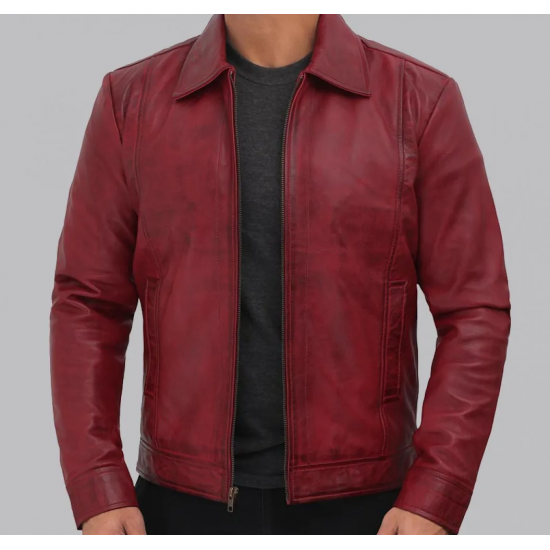 Reeves Mens Distressed Maroon Leather Jacket