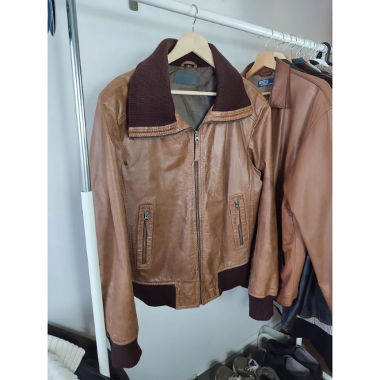 Vintage Leather Genuine Leather Men's Brown Bomber Jacket