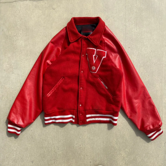 Vintage Red Leather Varsity Jacket with Classic V Design