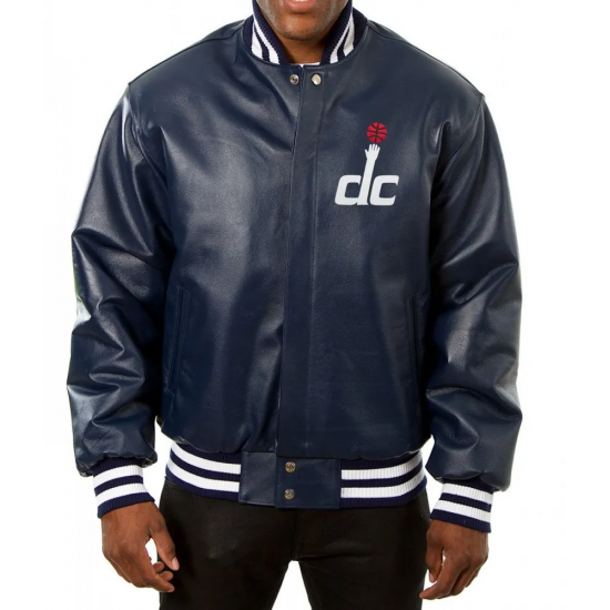 Washington Wizards Letterman Navy Blue Leather Jacket