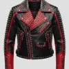 Women's Black & Red Studded Leather Biker Jacket with Silver Spikes