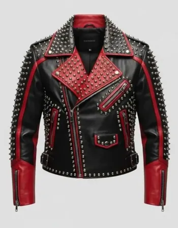 Women's Black & Red Studded Leather Biker Jacket with Silver Spikes