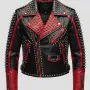 Women's Black & Red Studded Leather Biker Jacket with Silver Spikes