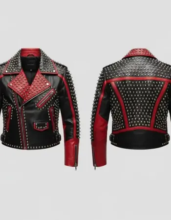Women's Black & Red Studded Leather Biker Jacket with Silver Spikes