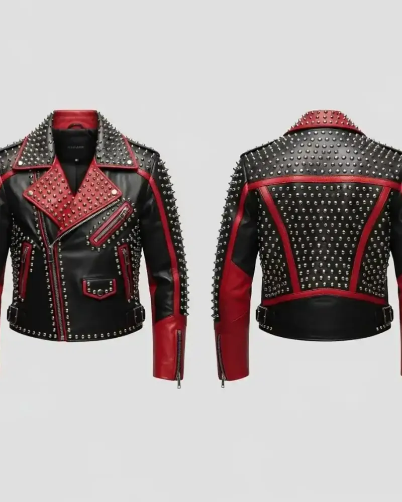 Women's Black & Red Studded Leather Biker Jacket with Silver Spikes