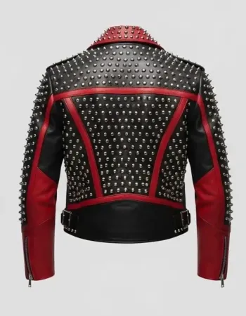 Women's Black & Red Studded Leather Biker Jacket with Silver Spikes