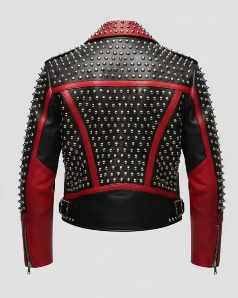 Women's Black & Red Studded Leather Biker Jacket with Silver Spikes