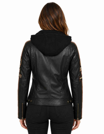 Women's Black Hooded Leather Motorcycle Racing Jacket