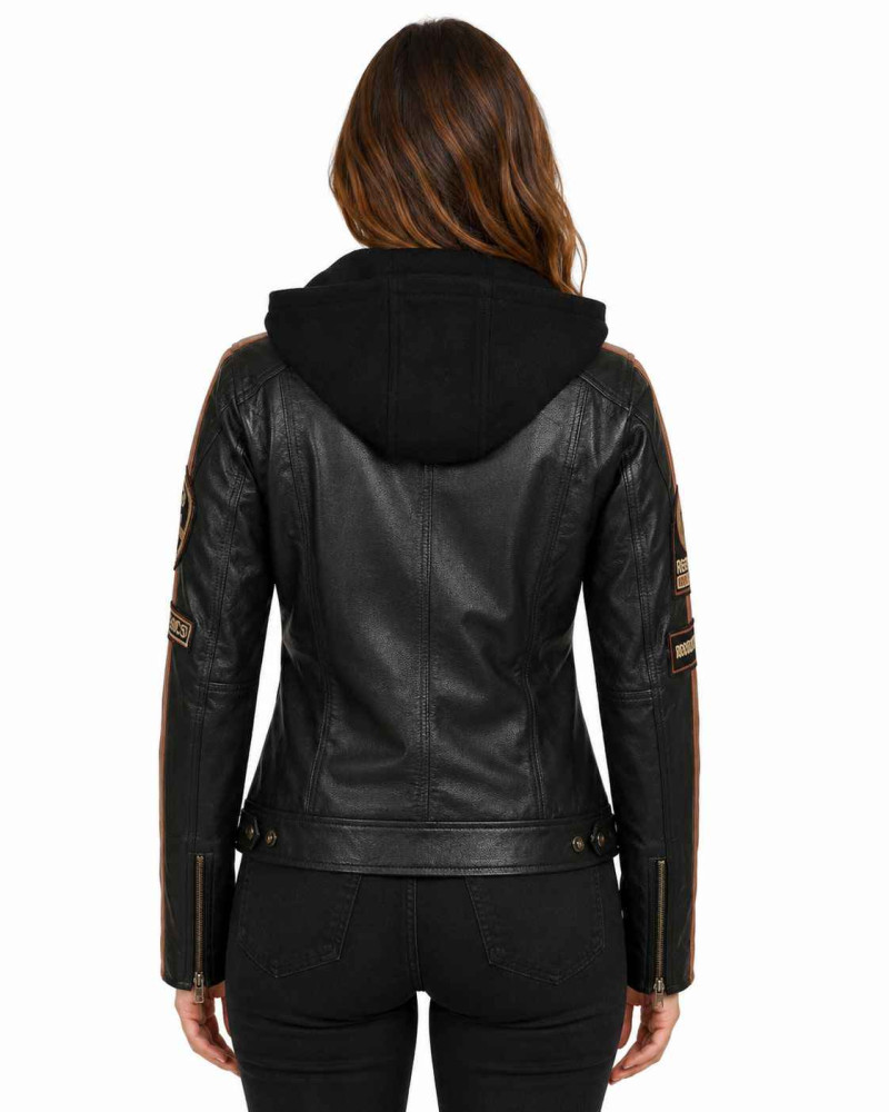Women's Black Hooded Leather Motorcycle Racing Jacket